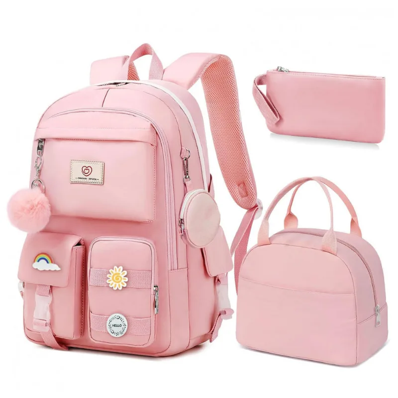 Mochila escolar Fitvc juvenil feminina, conjunto 6 peças com lancheira, estojo, bolsa de moeda e pins decorativos