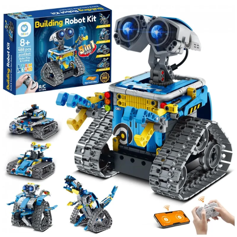 Kit robô 5 em 1 Sillbird azul com 488 peças, controle remoto e app, robótica STEM para crianças a partir de 6 anos