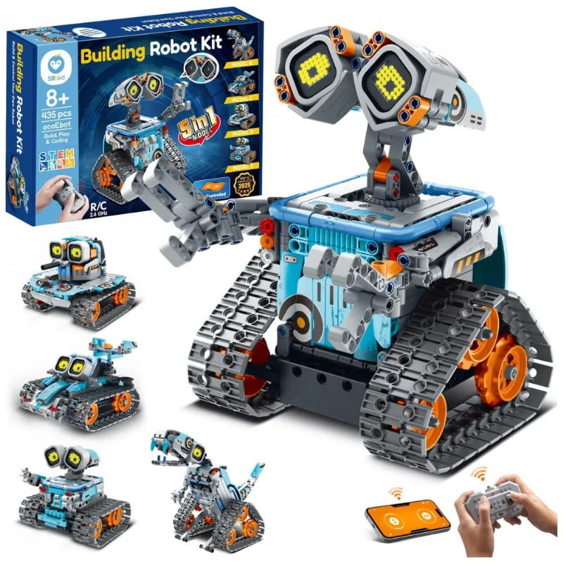 Kit robô 5 em 1 Sillbird com 435 peças, olhos LED, som, controle remoto e app, robótica STEM para crianças 8 a 12 anos