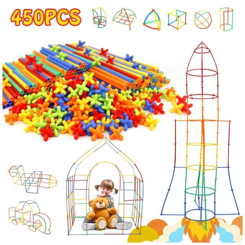 Brinquedo de construção STEM com canudos Ggiibro 450 peças tubo plástico interligável