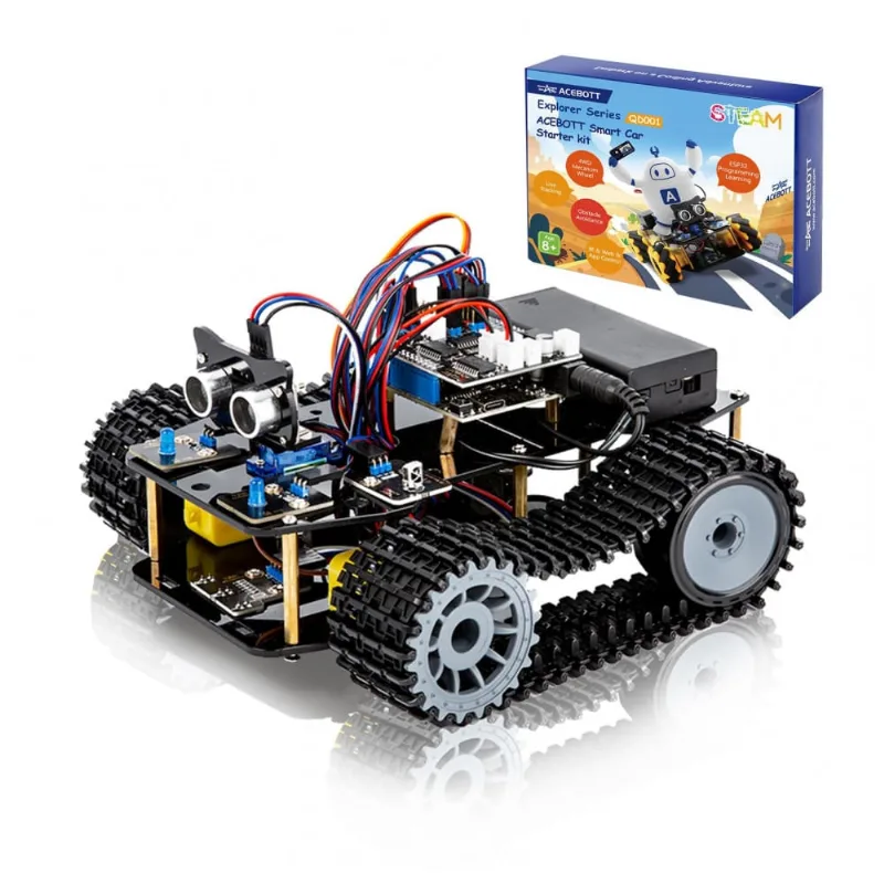 Kit STEM robô tanque ACEBOTT QD034 ESP32 com esteiras rodas mecanum sensores ultrassônicos controle por app e IR compatível Arduino