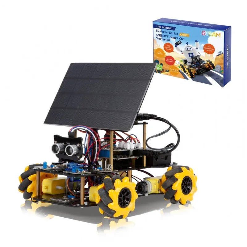 Kit robô carro solar 4WD STEM programável ACEBOTT QD038 preto com rodas mecanum e controle por app compatível Arduino IDE