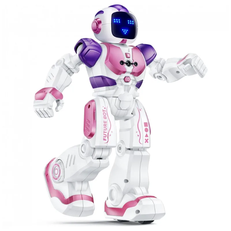 Robô dançante Ruko 6088 rosa e roxo com controle por app, controle remoto e gestos, expressões em LED, jogos de perguntas e bateria recarregável