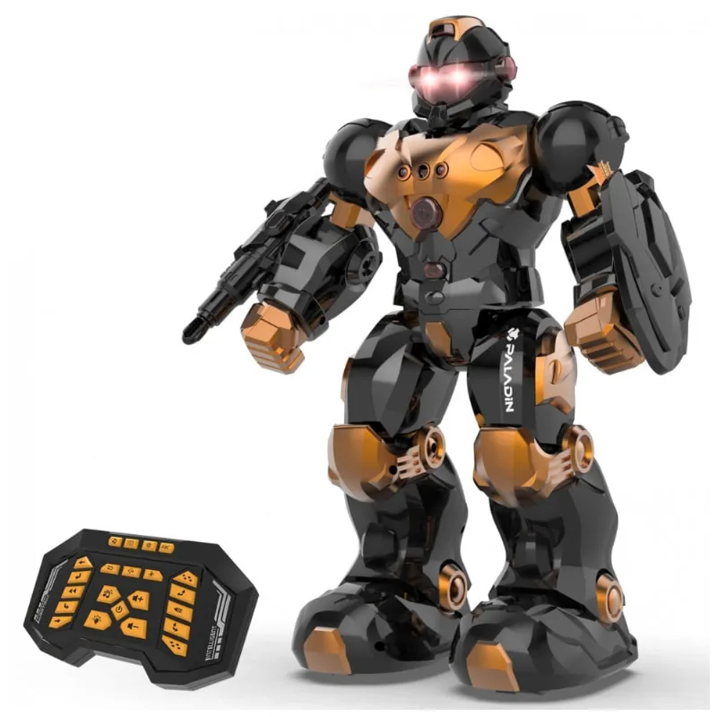 Robô programável STEMTRON marrom com controle remoto, gestos, comando de voz, lançador, músicas, histórias e bateria recarregável