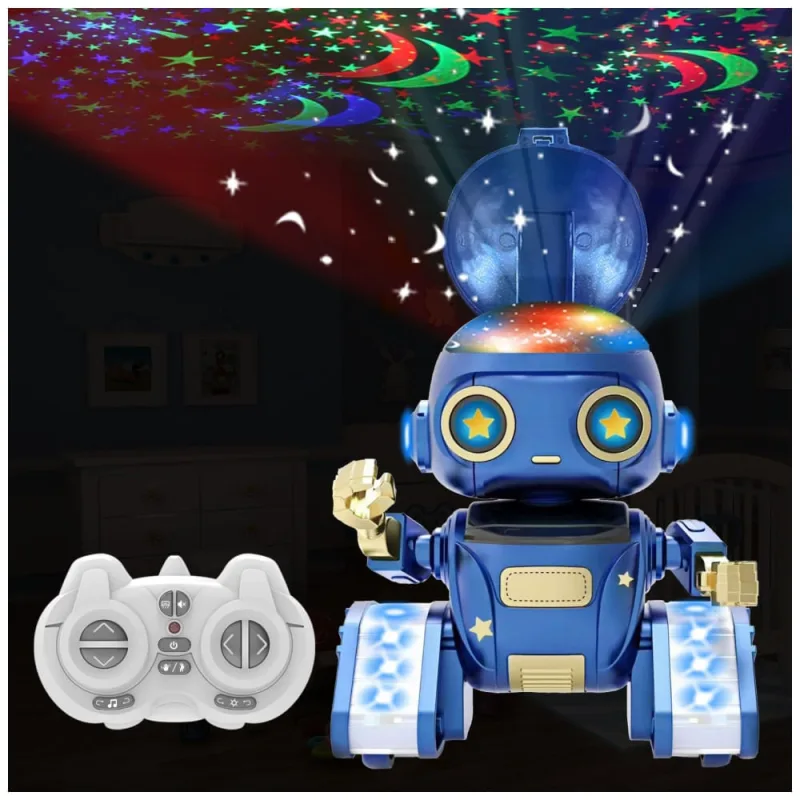 Robô Aikmi azul com controle remoto recarregável, projetor de luz noturna, sensor de gestos e músicas para crianças - Ecletiq