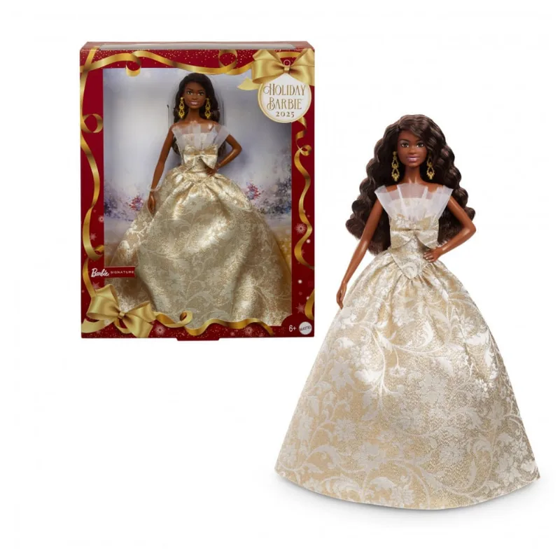 Barbie Signature 2025 Holiday - Boneca Fashion com Vestido Prateado e Dourado, Cabelos Cacheados Pretos, Colecionável