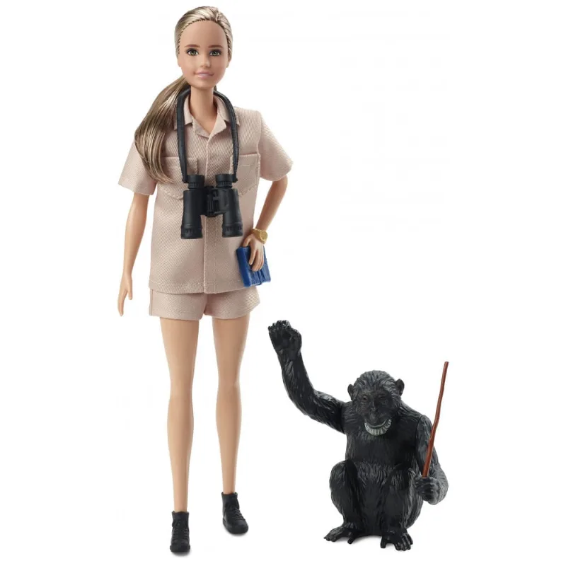 Barbie Inspiring Women boneca colecionável Jane Goodall Mattel traje cáqui com chimpanzé acessórios HCB83 2022