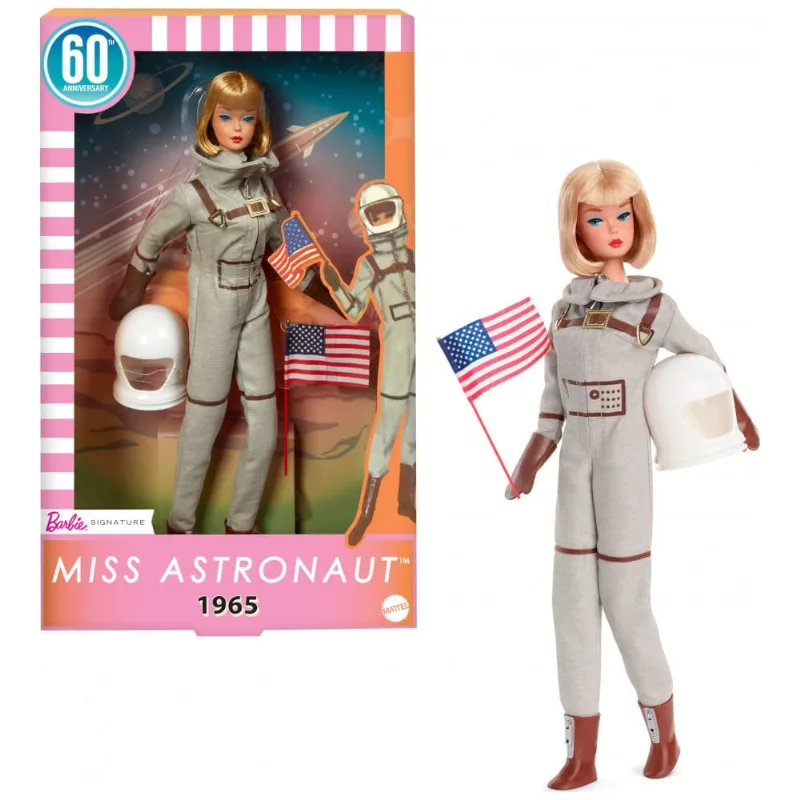 Barbie Miss Astronaut 60 Anos - Boneca colecionável Barbie Miss Astronaut 60 Anos com traje espacial prateado, capacete e botas