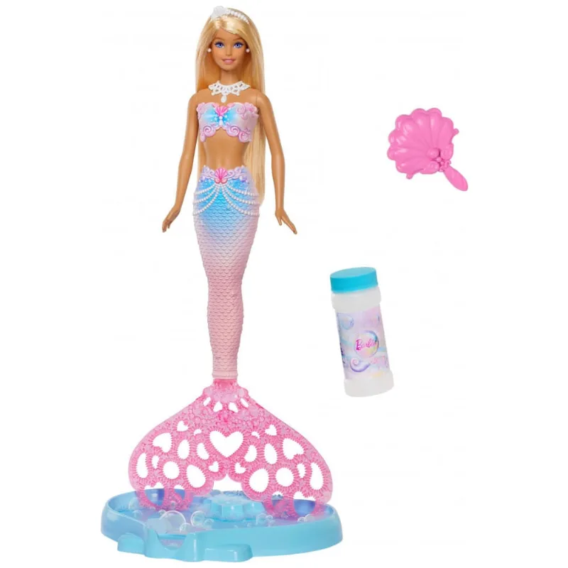Boneca Barbie Sereia Bubble Sparkle com função de bolhas bandeja solução para bolhas e escova de cabelo Mattel 2026
