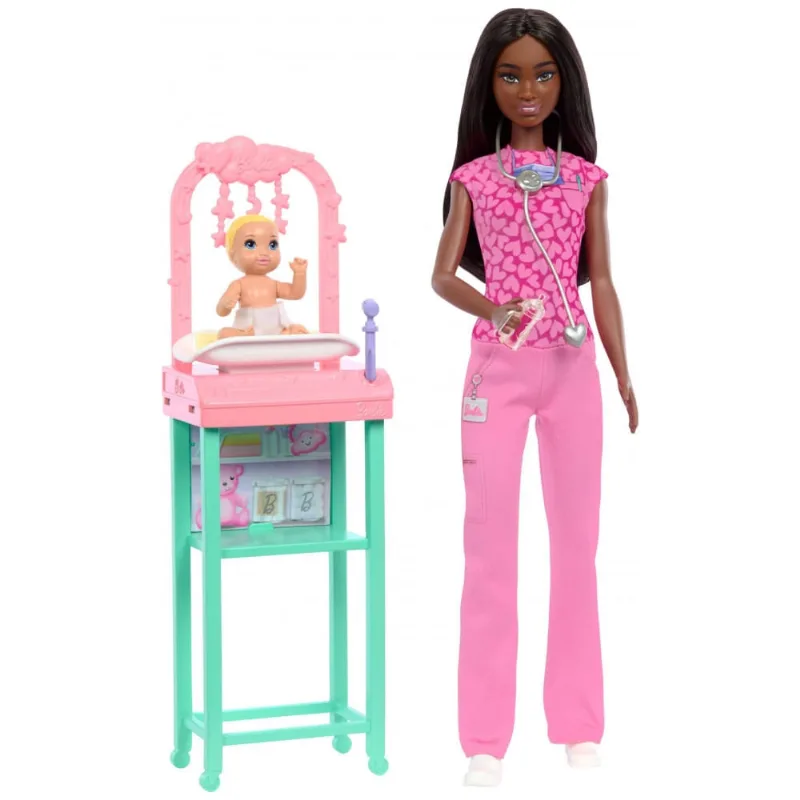 Boneca Barbie Baby Doctor morena com bebê maca de exame móvel e acessórios de consultório infantil 2024