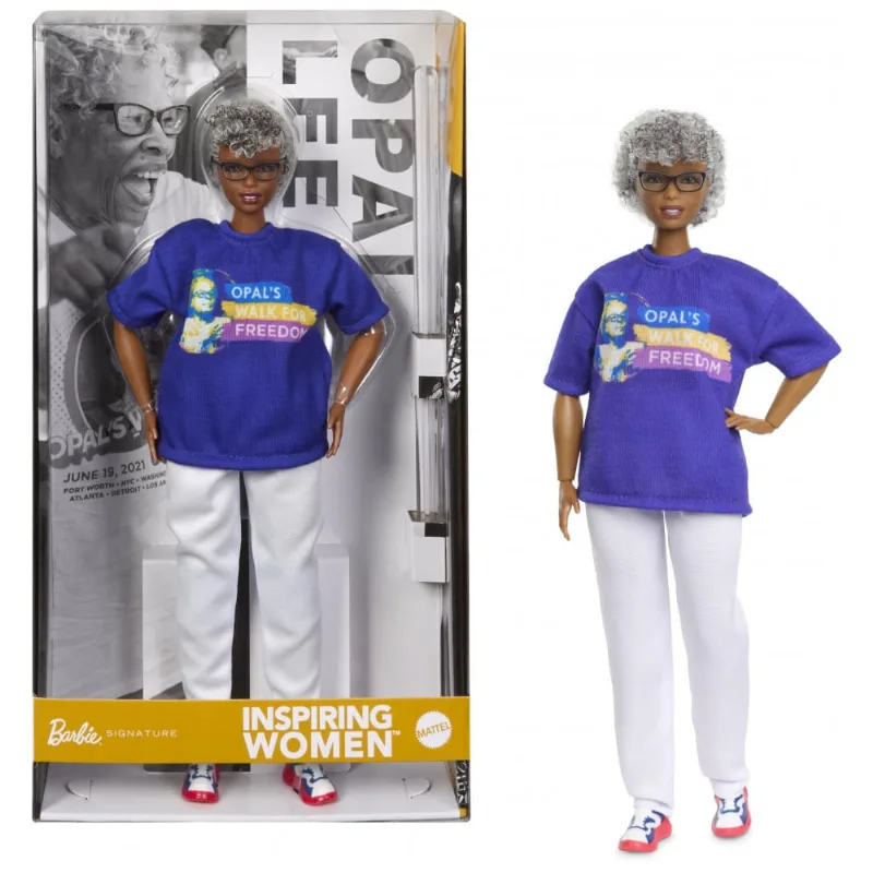 Boneca Barbie Inspiring Women Opal Lee camiseta azul “Opal’s Walk for Freedom” calça branca óculos base e embalagem expositora 2026