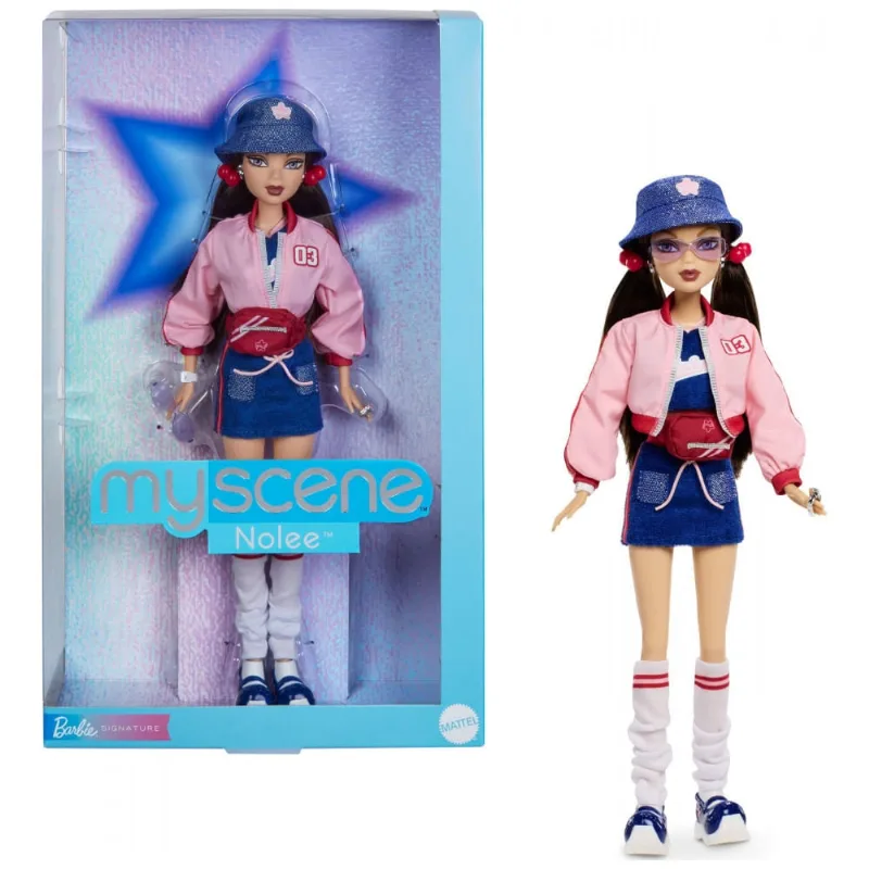 Boneca Barbie Signature My Scene Nolee colecionável look Y2K conjunto azul jaqueta rosa touca bucket leg warmers e base 2025