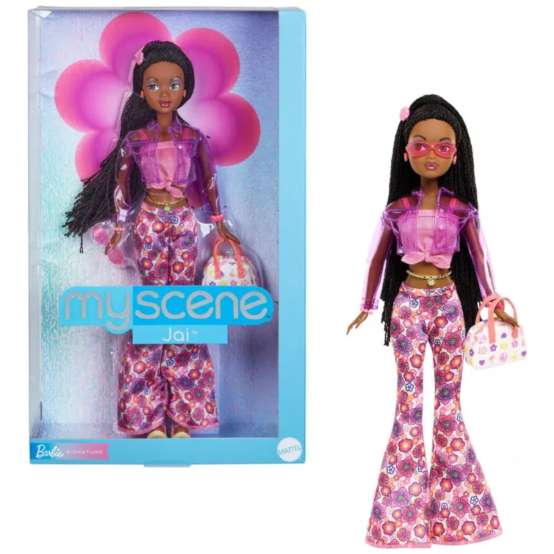 Boneca Barbie Signature My Scene Jai colecionável tranças pretas look Y2K rosa e roxo jaqueta vinil calça floral base e bolsa 2025