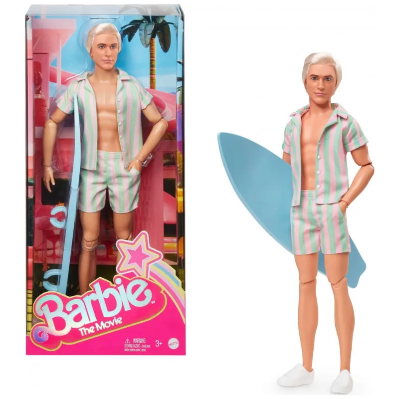 Boneco Ken Barbie The Movie conjunto listrado rosa e verde prancha de surf e tênis brancos corpo articulado embalagem expositora 2024