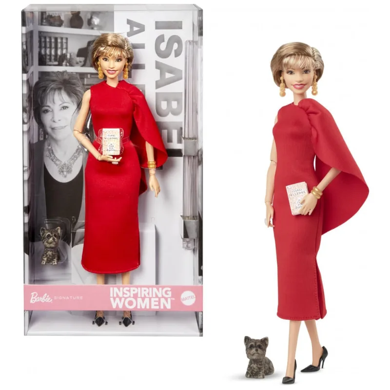 Boneca colecionável Barbie Inspiring Women Isabel Allende com vestido vermelho, livro e pet 2024