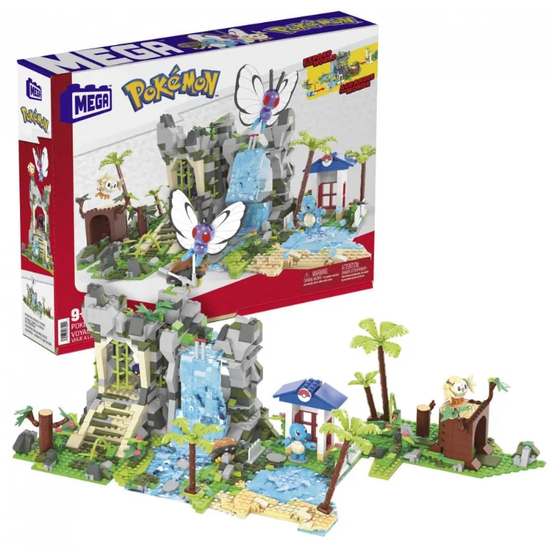 Kit de blocos MEGA Pokémon Jungle Voyage Mattel 1362 peças cenário modular com Butterfree Squirtle Kabuto Rowlet