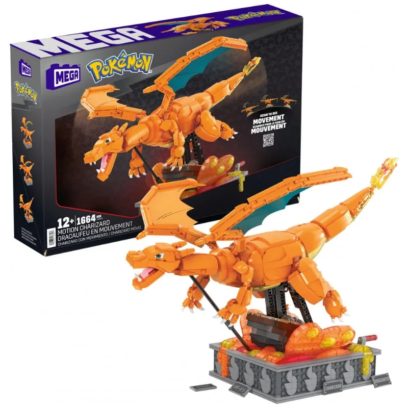 Kit de construção MEGA Pokémon Motion Charizard 1664 peças com movimento de asas para exposição