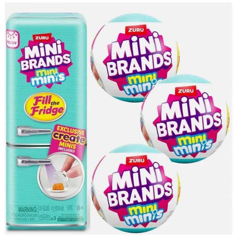 Playset mini geladeira ZURU Mini Brands branco com 3 cápsulas Mini Minis, luz UV decorativa e compartimentos internos