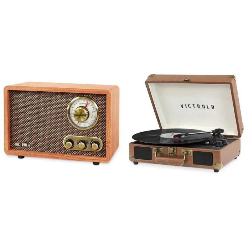 Toca Discos Portátil Bluetooth De 3 Velocidades E Rádio Am/pm Retro Com Alto Falantes Embutidos, Victorla, Marrom