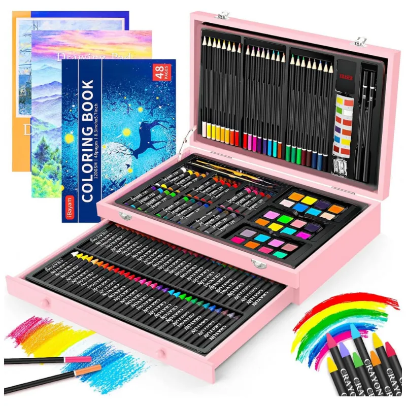Kit Lápis de Cor Profissional com Maleta de Madeira 150 peças Tintas Acrílicas, Aquarela, IBAYAM 04, Rosa 110v