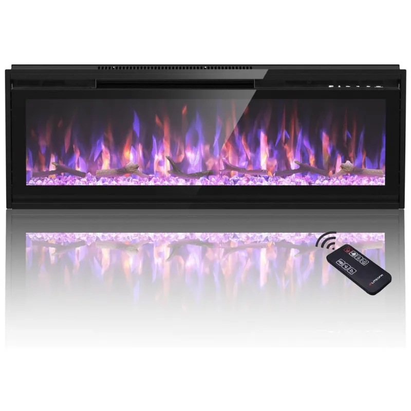 Lareira Elétrica De Embutir A34x127l Cm Com Temporizador, Controle Remoto E Cor Da Chama Ajustável, 110v 1500w, Litsdfm, Preta