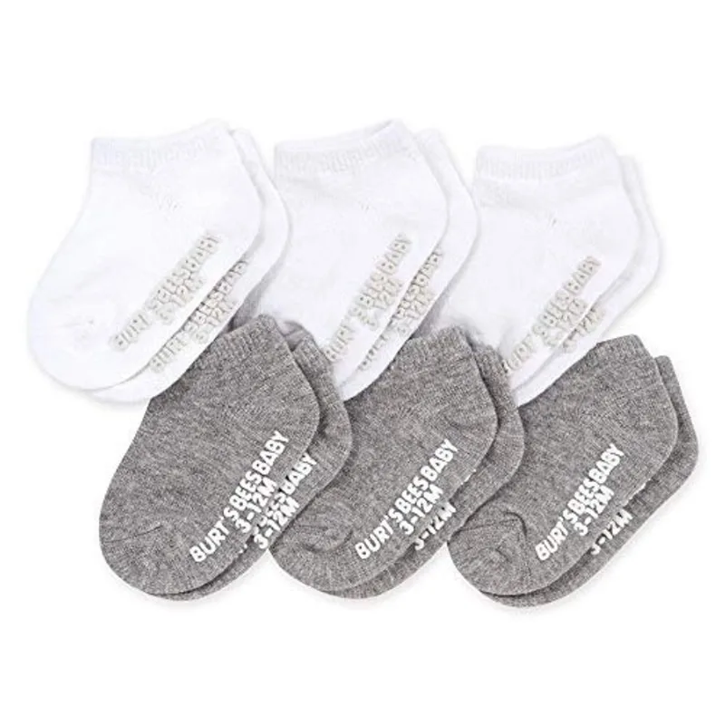 Burt's Bees Baby, Bebê Unissex, Tornozelo de 6 pacotes com alças antiderrapantes, feito com meia casual de algodão orgânico, Heather cinza / branco, 3-12 meses eua
