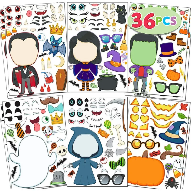 36 folhas de adesivos de make-a-face do pcs Make-a-Face Make Your Own Halloween Personagens Mix e Match Sticker com design de corpo completo Vampiro, Bruxa, Frankenstein, Fantasma e mais Halloween Kid