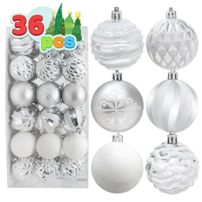 36 Pcs enfeites de bola de Natal, enfeites de Natal à prova de quebra Deluxe para feriados, decoração de festa, enfeites de árvore de Natal e eventos especiais (prata e branco, 2.36 )