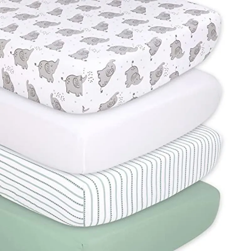 O conjunto de folhas de berço ajustadas ao elefante Peanutshell 4 Pacote Cinzento e Verde