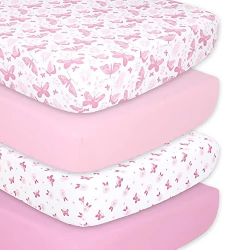 O conjunto de lençóis de berço de borboleta rosa Peanutshell para meninas Pacote 4