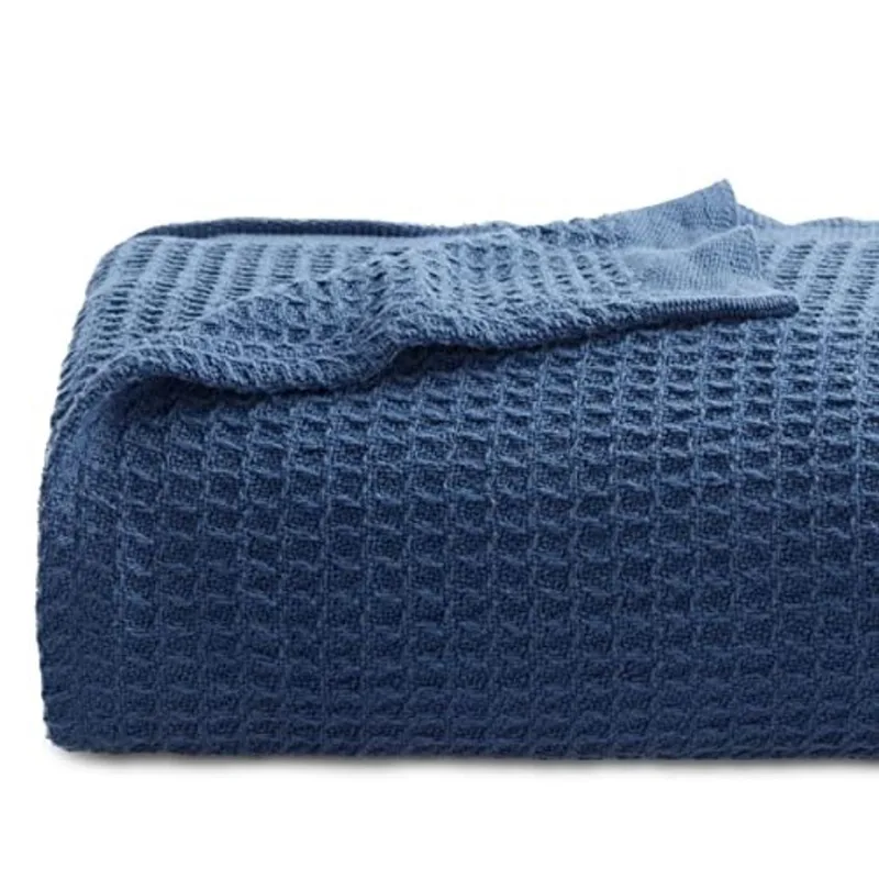 Bedsure 100% Cobertores de algodão King Size para cama - 405GSM Waffle tecer cobertores para todas as estações, aconchegante e quente, Navy Soft Lightweight Woven Cobertores, 104x90 polegadas