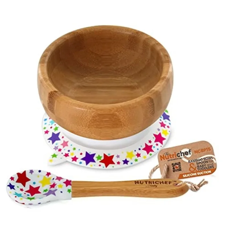 NutriChef Bamboo Baby Feeding Bowl - Prato de madeira infantil e conjunto de colher w / Base de sucção de silicone para Stay Put Eating, BPA-free, hipoalergênico, para crianças com idade entre 4-72 me