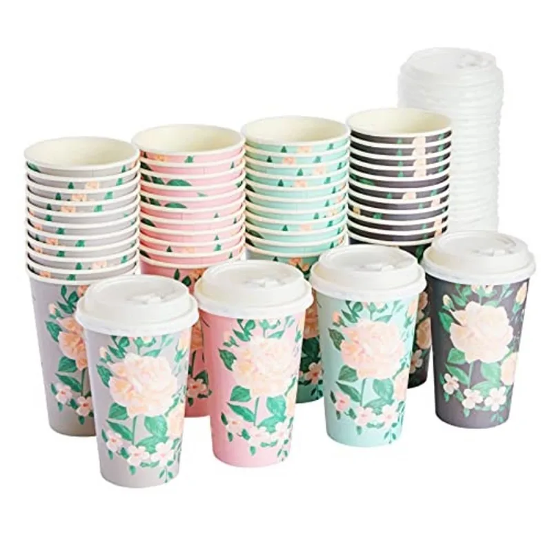 Pacote com 48 copos de papel de café To Go de 16 onças com tampas, design floral vintage (cores pastel, 4 designs)