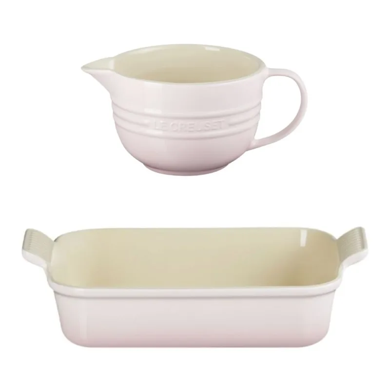 KIT LE CREUSET BOWL DE PREPARO 2L E TRAVESSA RETANGULAR HERITAGE 26CM SHELL PINK - Le creuset