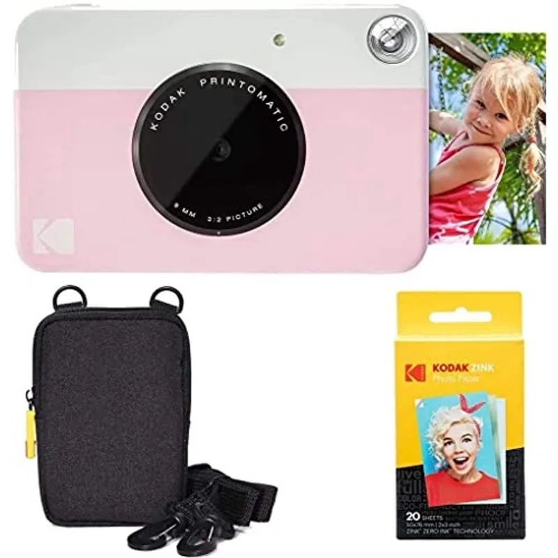 Kodak Printomatic Instant Camera (Rosa) Basic Bundle + Zink Paper (20 folhas) + Estojo Deluxe