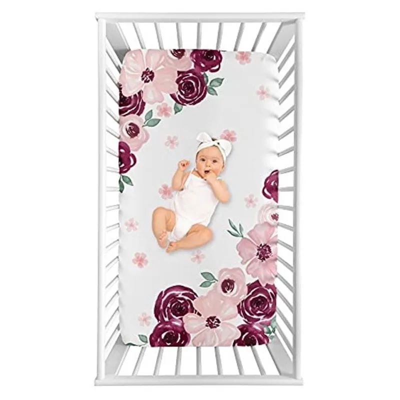 Sweet Jojo Designs Borgonha Aquarela Menina Floral Fit Berço Folha Bebê ou Criança Cama Berçário Photo Op - Blush Rosa, Marrom, Vinho, Rosa, Verde e Branco Shabby Chic Flower Farmhouse