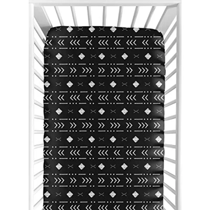 Sweet Jojo Designs Preto e Branco Boho Mudcloth Boy Girl Fitted Berço Lençol Bebê ou Criança Cama Berçário - Branco Preto Madeira Boêmia Tribal Sudoeste Geométrica Seta Gênero Neutro Asteca Pano de La
