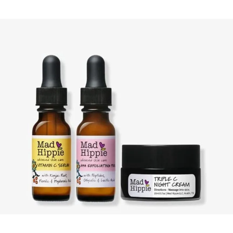 Kit de Clareamento da Pele Mad Hippie, Rotina Diária de Cuidados com a Pele com Creme de Noite Triple c, Peeling Esfoliante aha e Sérum de Vitamina C