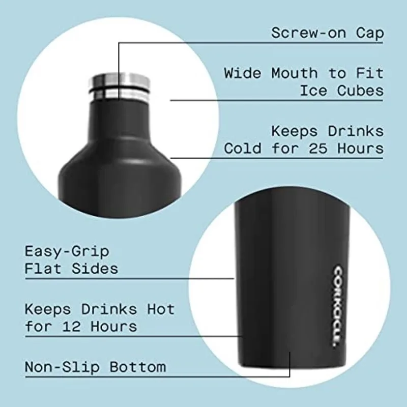 Cantina de Corkcicle - Garrafa de água e Termo - Mantém bebidas frias por mais de 25, quente por mais de 12 horas - Triple Isolado com Construção de Aço Inoxidável à Prova de Quebra - Preto Matte - 25