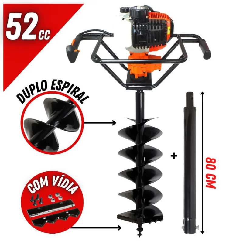 Perfurador de Solo Vulcan VPS520 2T 52cc 2,5cv Com Broca 80x30cm Duplo Espiral + Extensor de 80cm