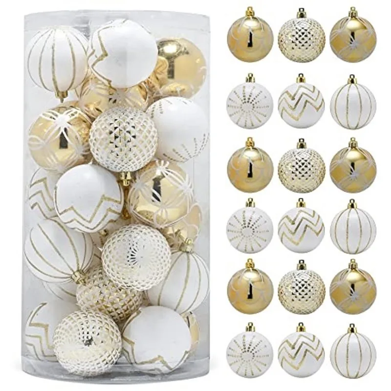RN'D Enfeites de Bola Decorativos de Natal - Bola de Natal Branca e Dourada Ornamento de Árvore Suspensa Conjunto de Desenhos Variados - Conjunto de 30 Peças