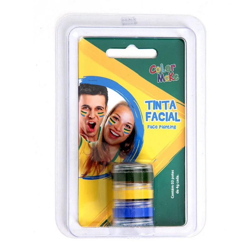 Tinta Facial Cremosa Kit com 3 Verde Amarelo e Azul - Copa do Mundo - Temas