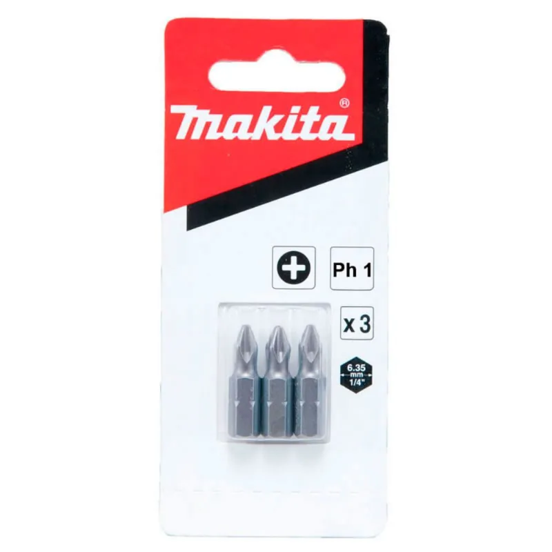 Bits com Ponta Phillips Encaixe de 1/4" PH1 com 3 Peças Makita Bits com Ponta Phillips encaixe de 1/4" PH1 25mm c/3pcs Makita