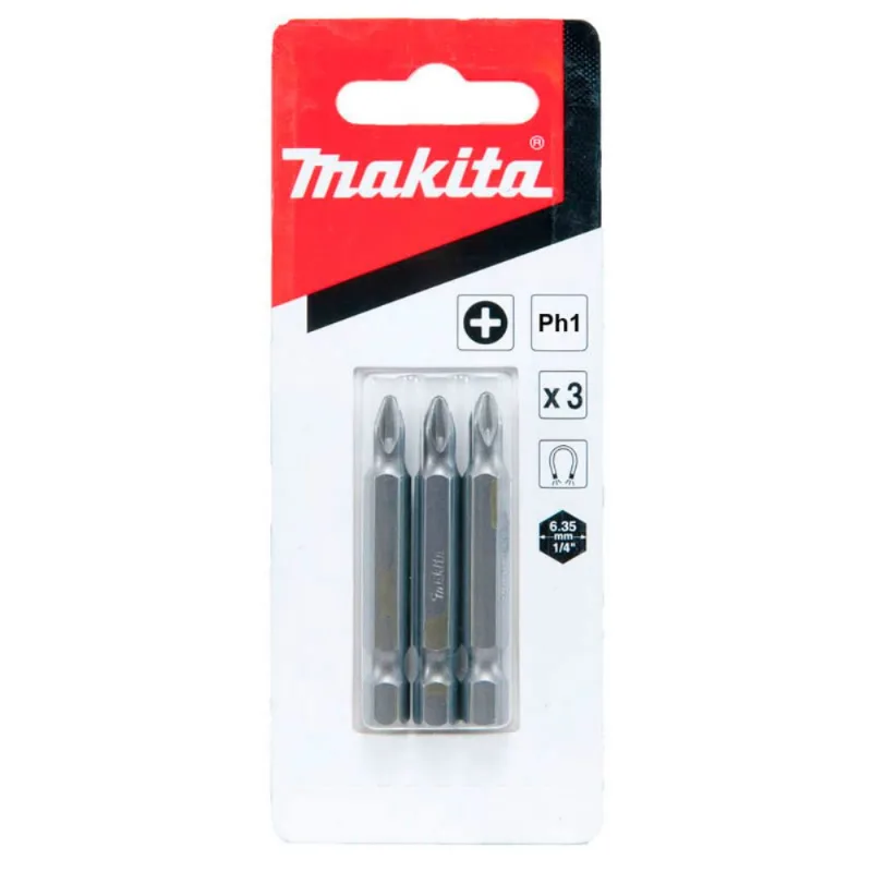 Bits com Ponta Phillips Encaixe de 1/4" PH1 com 3 Peças Makita Bits com Ponta Phillips encaixe de 1/4" PH1 50mm c/3pcs Makita