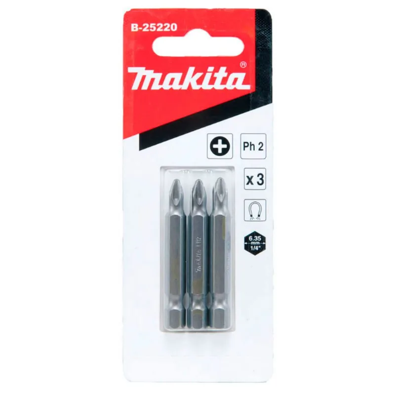 Bits com Ponta Phillips Encaixe de 1/4" PH2 Makita Bits com Ponta Phillips encaixe de 1/4" PH2 50mm c/3pcs Makita