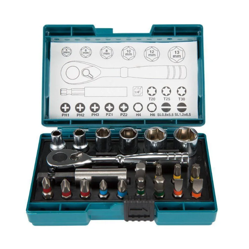 Jogo De Soquete Sextavado E Bits Encaixe 1-4 5-13mm 21 Peças Makita B-54081