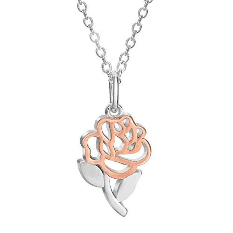 Disney Beauty and the Beast Two Tone Belle's Rose Pendant Necklace, Sterling Silver, 18