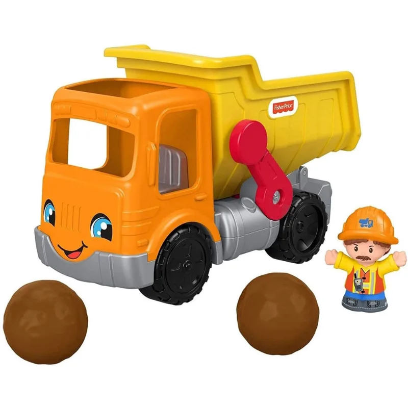 Pessoas pequenas de preço de pescador trabalham juntas caminhão de lixo, brinquedo infantil musical