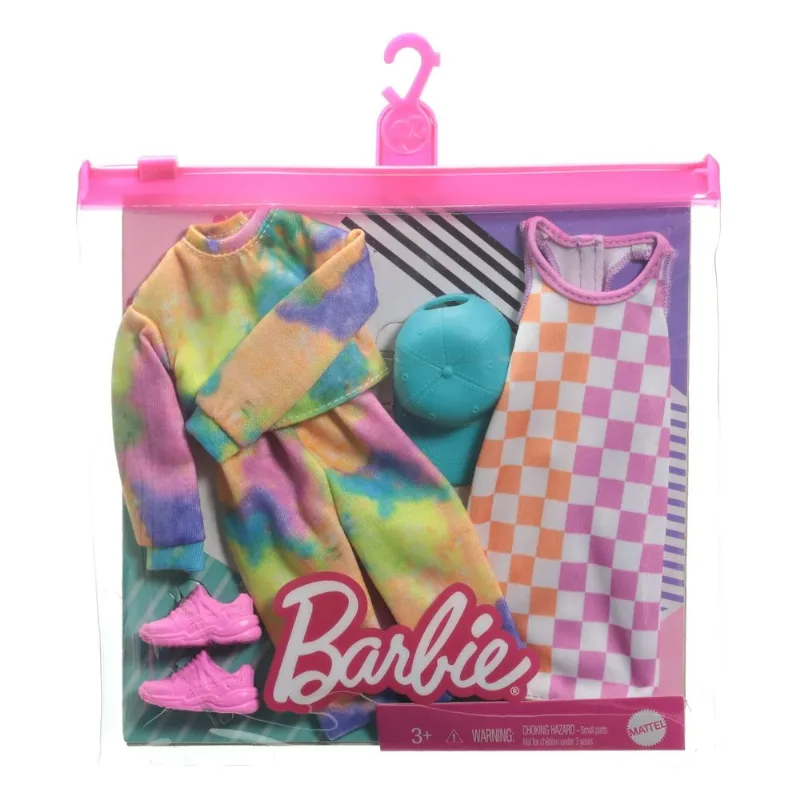 Barbie Conjunto 2-pack Moletom Tie-dye &amp; Vestido Xadrez Boné Azul &amp; Tênis Rosa