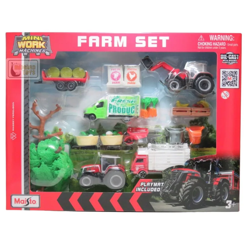 Conjunto Playset Fazenda c/ 2 Trator Massey Ferguson e 2 Caminhão - Mini Work Machines - 1/64 - Maisto